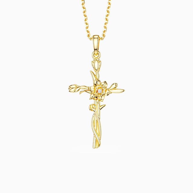 Floral Cross March Daffodils Birth Flower Necklace