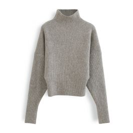 Batwing Sleeves Turtleneck Rib Knit Sweater in Sand
