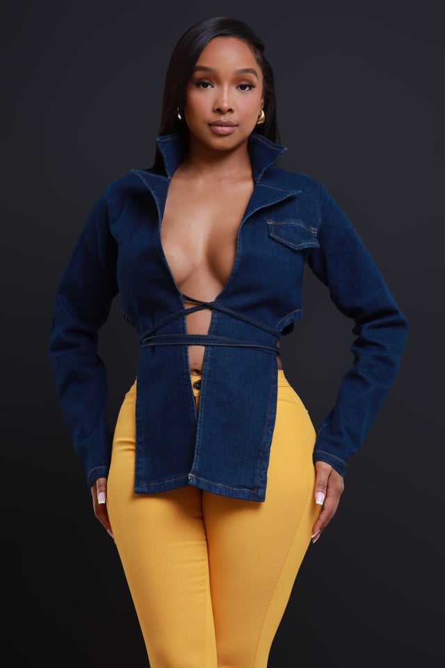 Status Symbol Cropped Denim Wrap Top - Dark Wash