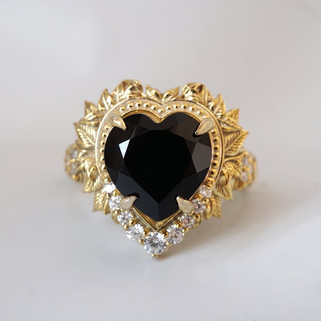 Heart of the Ocean Onyx Diamond Ring in 14K and 18K Gold