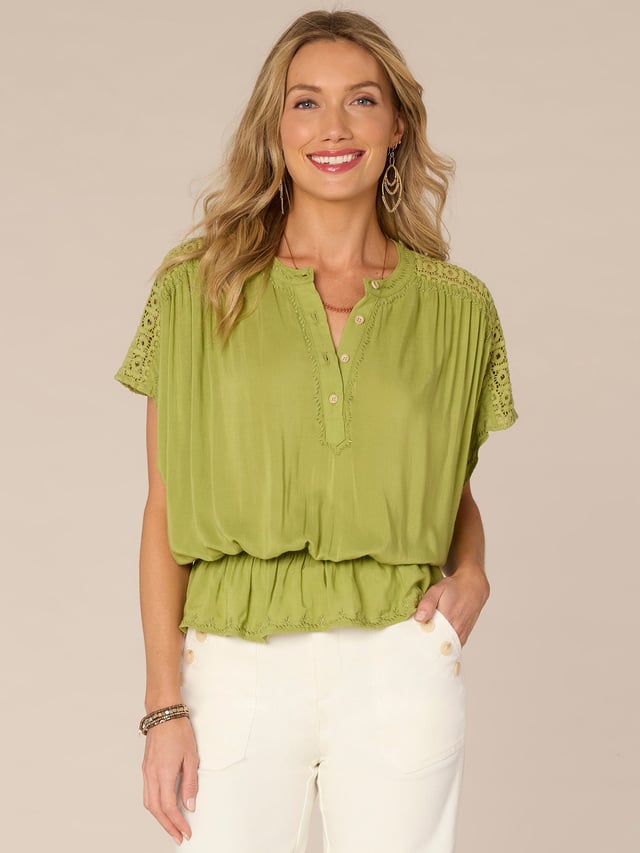 Short Sleeve Crochet Shoulder Stand Collar Peplum Hem Woven Top