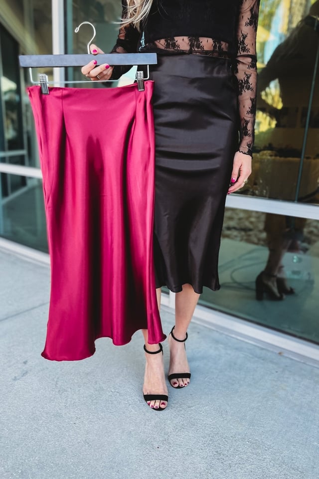 Size M - Deep Connection Wine Satin Midi Skirt