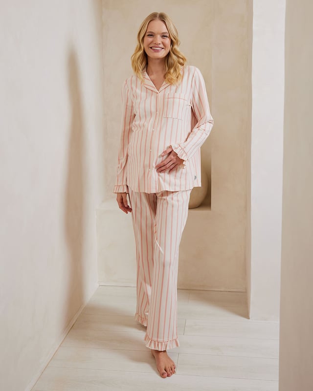 Maternity Organic Cotton Pink Stripe Frill Long Pyjama Set