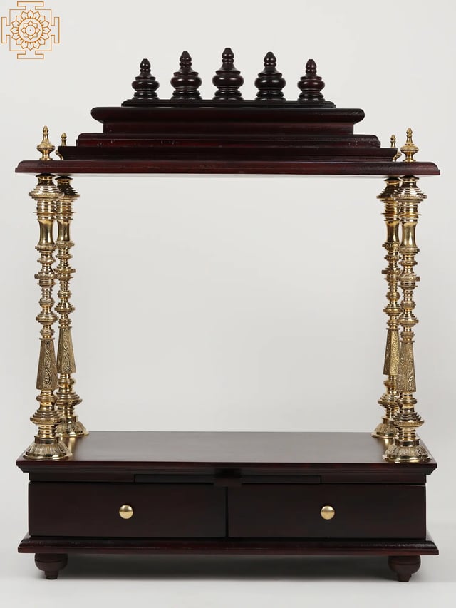 40" Large Wood & Brass Puja Temple with Double Drawer