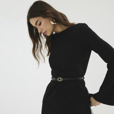 Black Long Sleeve Belted Tunic Top