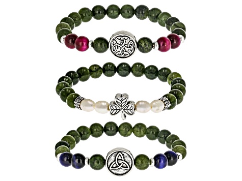 Connemara Marble & Multi-Gemstone Silver Tone "All Things Irish" Set of 3 Stretch Bracelets 8mm