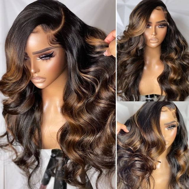 Glueless Balayage Light Brown Transparent Lace Closure Body Wave Wigs Human Hair 6x4 Lace Part Highlight Colored Wig-Amanda Hair