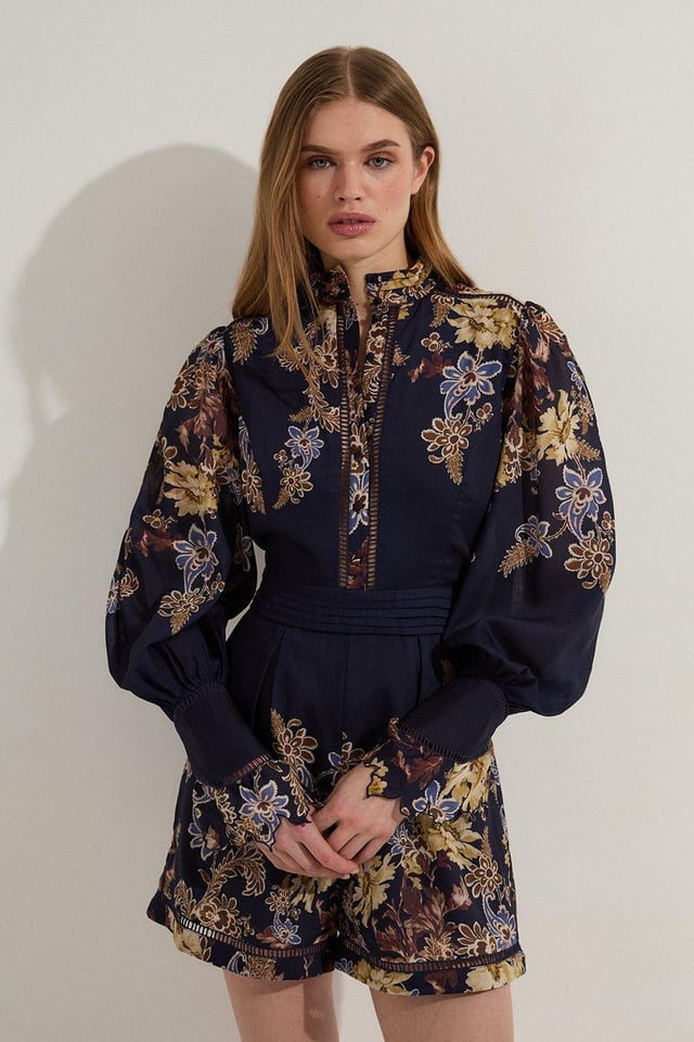 Voile Floral Border Print Woven Romper With Ladder Lace Trim | Karen Millen