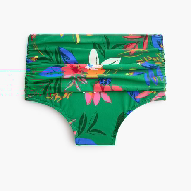 Printed ruched high-waisted bikini bottom