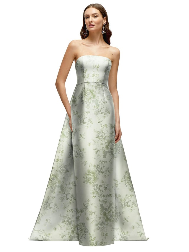 Strapless Floral Satin Column Dress with Removeable Watteau Train