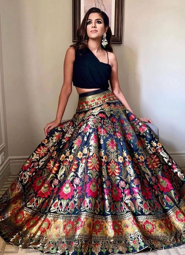 Black Silk Jacquard Indowestern Skirt Set Party Wear