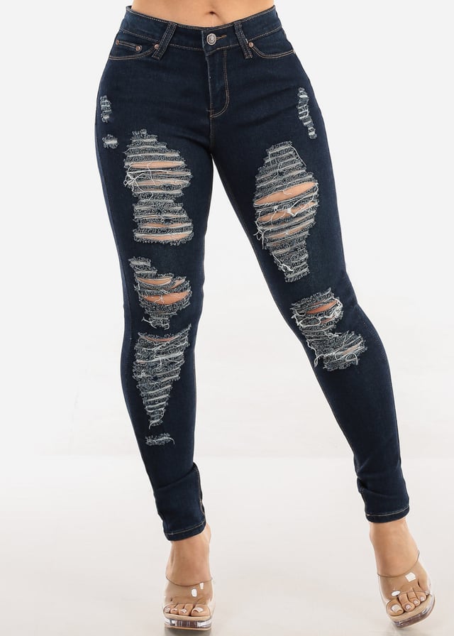 Stretchy Distressed Mid Rise Dark Skinny Jeans