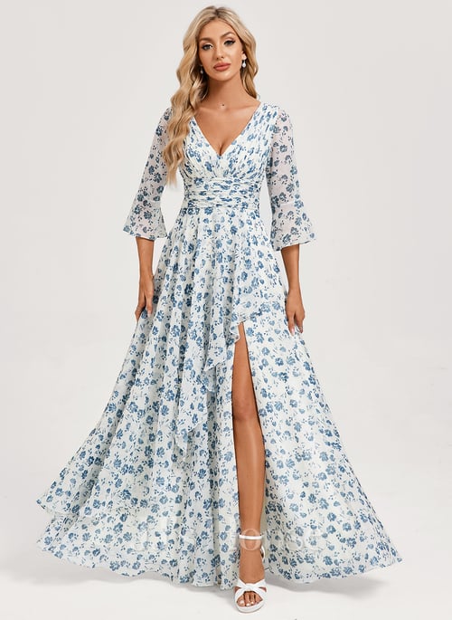 A-line V-Neck Floor-Length Chiffon Mother of the Bride Dress With Cascading Ruffles (008312297)