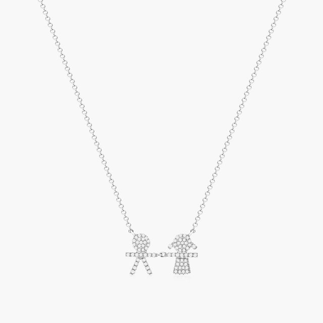 Boy-Girl Diamond Necklace In 14K White Gold