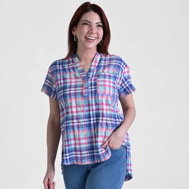 Plaid Y Neck Short Sleeve Top