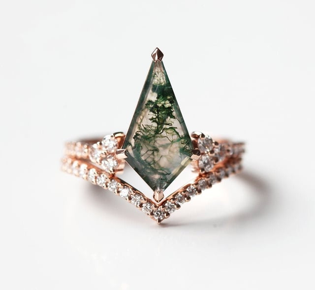 Aaliyah Kite Moss Agate and Diamond Ring Set