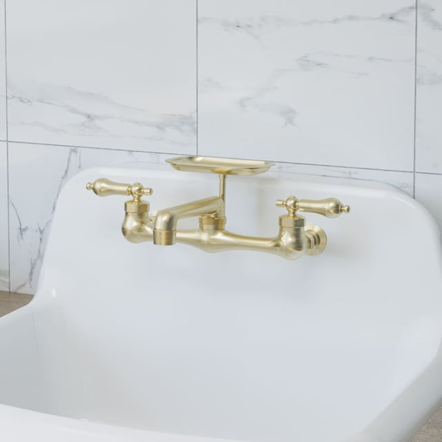 Wall Mount Utility Faucet with Soap Tray - Swivel Spout - Metal Lever Handles