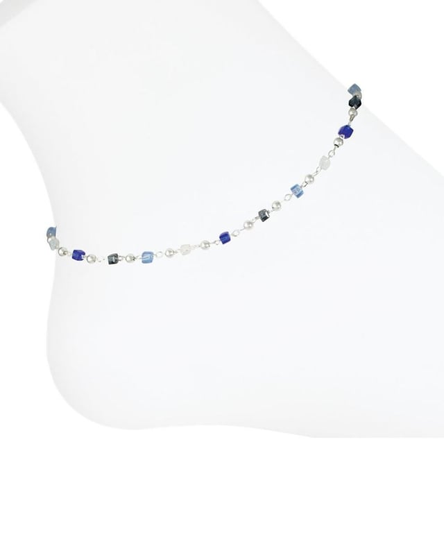 Repeating Blue Crystal Chain Anklet in Silver
