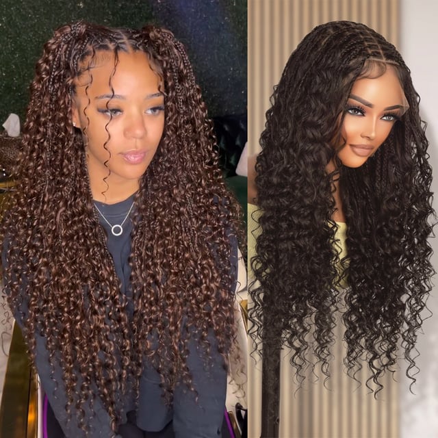 Authentic Glueless Full Lace Braided Wig Small Knotless Boho Box Braid Loose Curl 4 24" BW Unit4