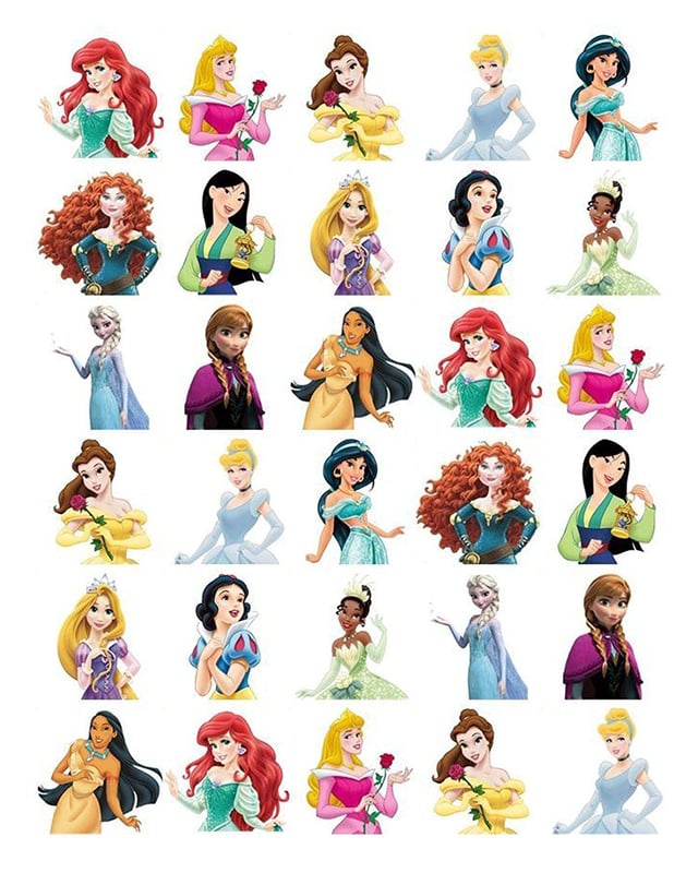 Ariel Aurora Belle Snow White Jasmine Cinderella Mulan Merida Anna Elsa Tiana Pocahontas and Rapunzel Edible Cupcake Topper Images ABPID06242