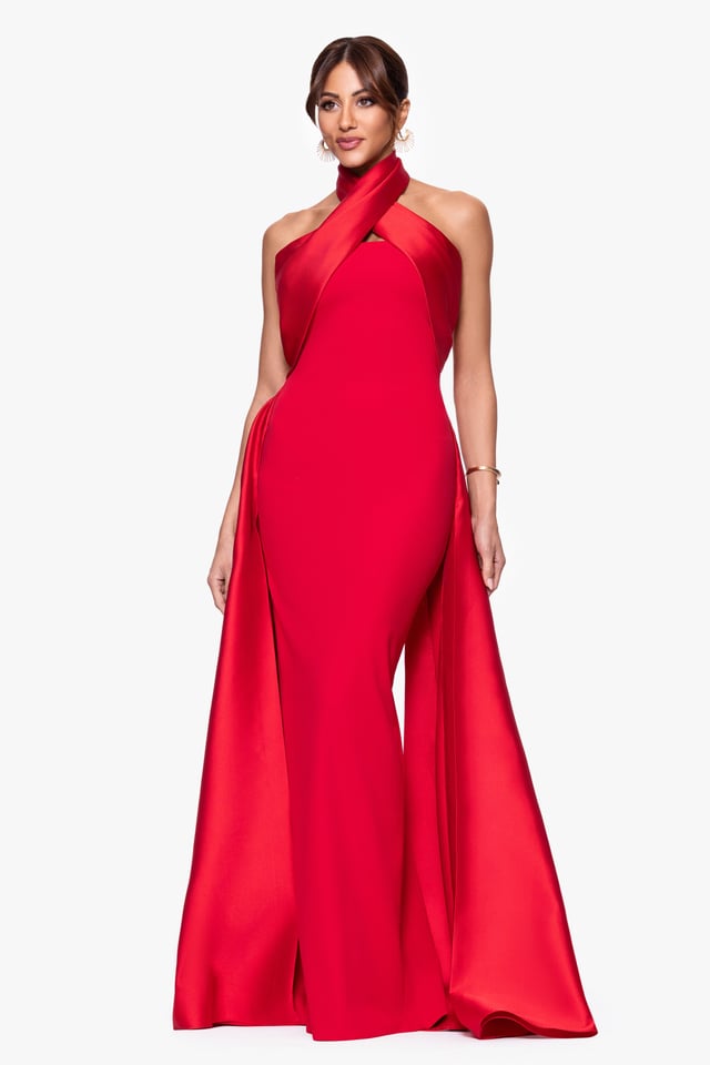 "Dina" Scuba Crepe Twist Halter Neck Floor Length Gown