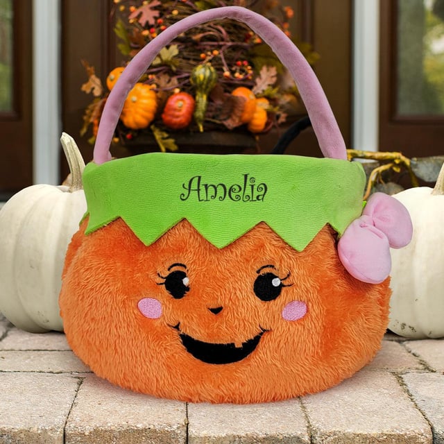 Embroidered Girl Fuzzy Pumpkin Trick or Treat Basket