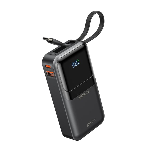 MOKiN 10,000mAh Portable Power Bank - Built-in USB C & iOS Cables(30W)