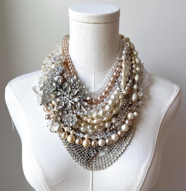 Chunky Vintage Art Deco Statement Necklace Big Bold Rhinestone Crystal Necklace Fresh Water Pearl Necklace Wedding Bridal Statement Necklace