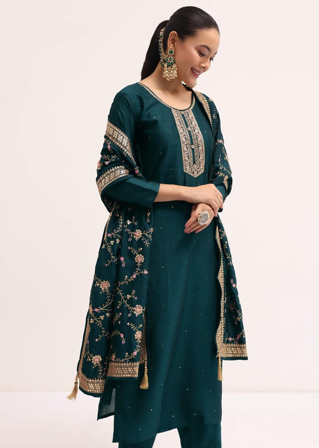 Dark Green Silk Kurta Set With Dupatta