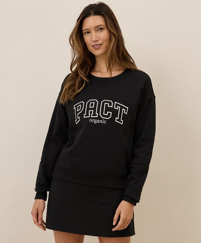 PACT Women's Pact University Black Brushed Fleece Graphic Crew Sweatshirt XX