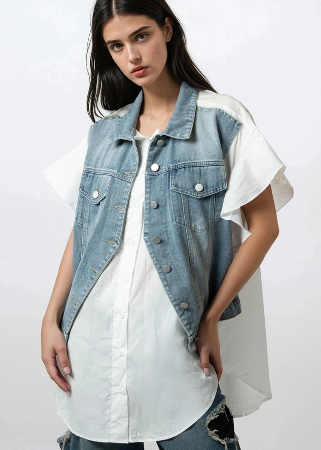 Denim Overlay Ruffle Blouse