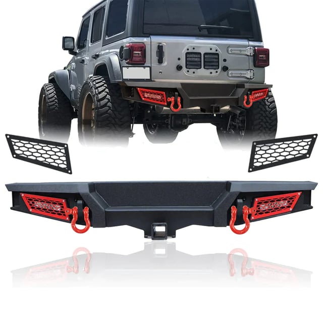 Jeep Rear Bumper Textured Black w/2x 18W LED Lights & Hook Receivers and 2X 4.75T D-Rings Compatible With 2018-2025 Wrangler JL & JLU 4xe