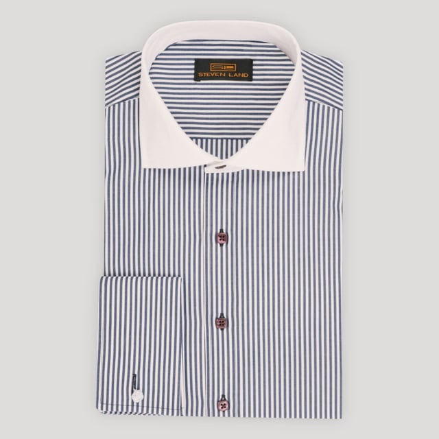 The Corcoran | White Contrast Spread Collar | French Cuff | 100% Cotton | Navy