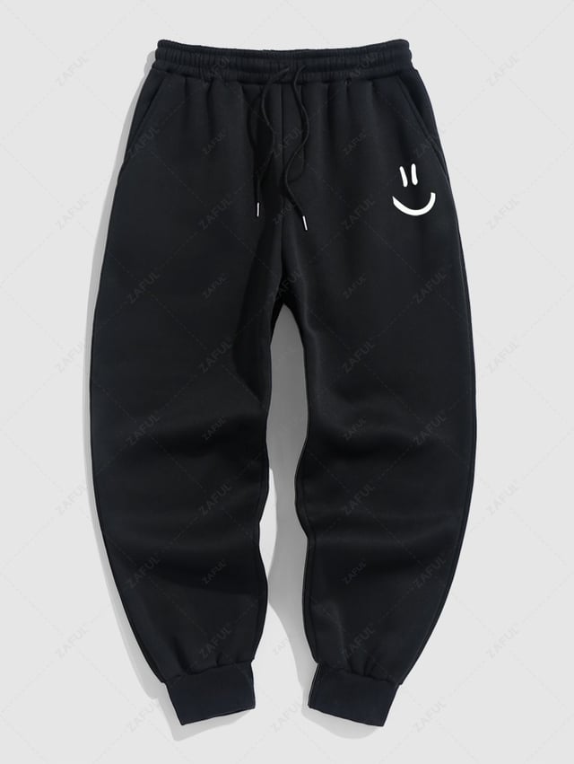 Men's Smile Face Pattern Fuzzy Fleece-lined Drawstring Jogger Sweatpants