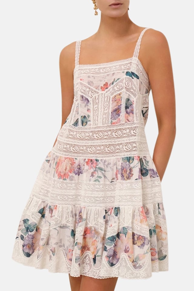 Acacia Lace Trim Mini Dress Cream Multi Floral