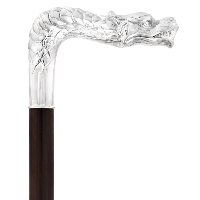 French Dragon Sword Cane: Silver Plated Fritz, Stamina Wood