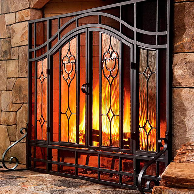 Large Two-Door Fireplace Screen with Glass Floral Panels