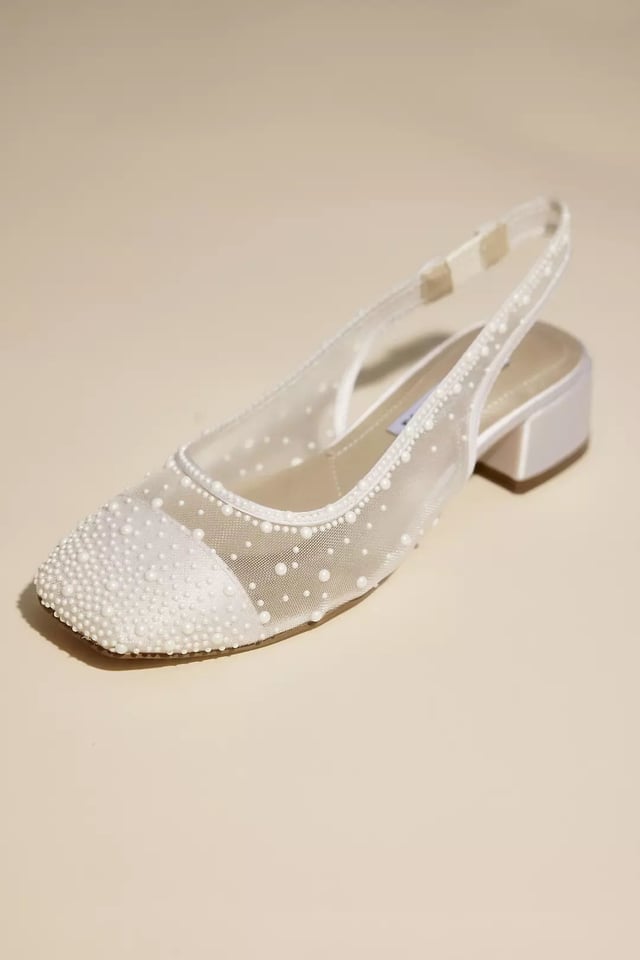 Pearl Mesh Round Toe Low Slingback Heels