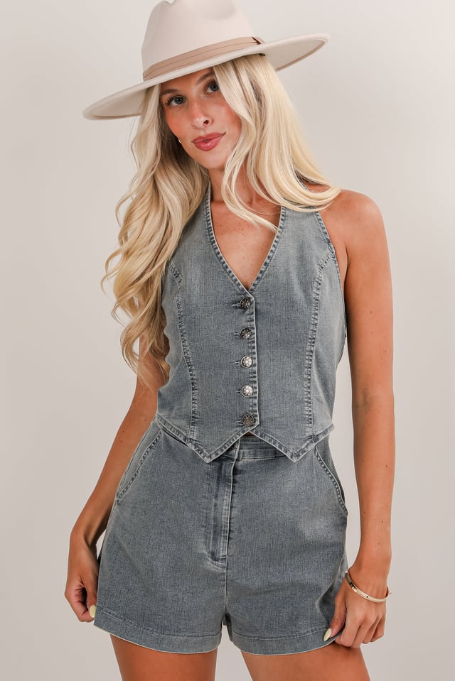 FINAL SALE - Simple Wishes Denim Halter Romper