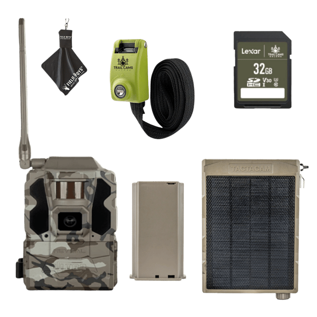 Bundle Savings! TACTACAM Reveal Ultra Cellular Trail Camera with Solar Panel, Lipo Battery, SD Card, Steel Reinforced Strap and Cleaning Cloth