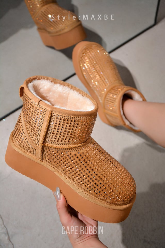 Maxbe Rhinestone Fur Suede Platform Booties - Camel