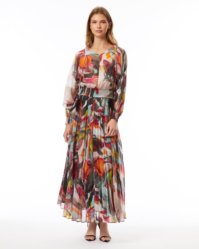 FINAL SALE - Brushstroke Print Pleated Midi Skirt