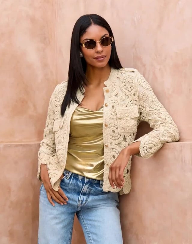 Crochet Three Quarter Sleeve Jacket Natural