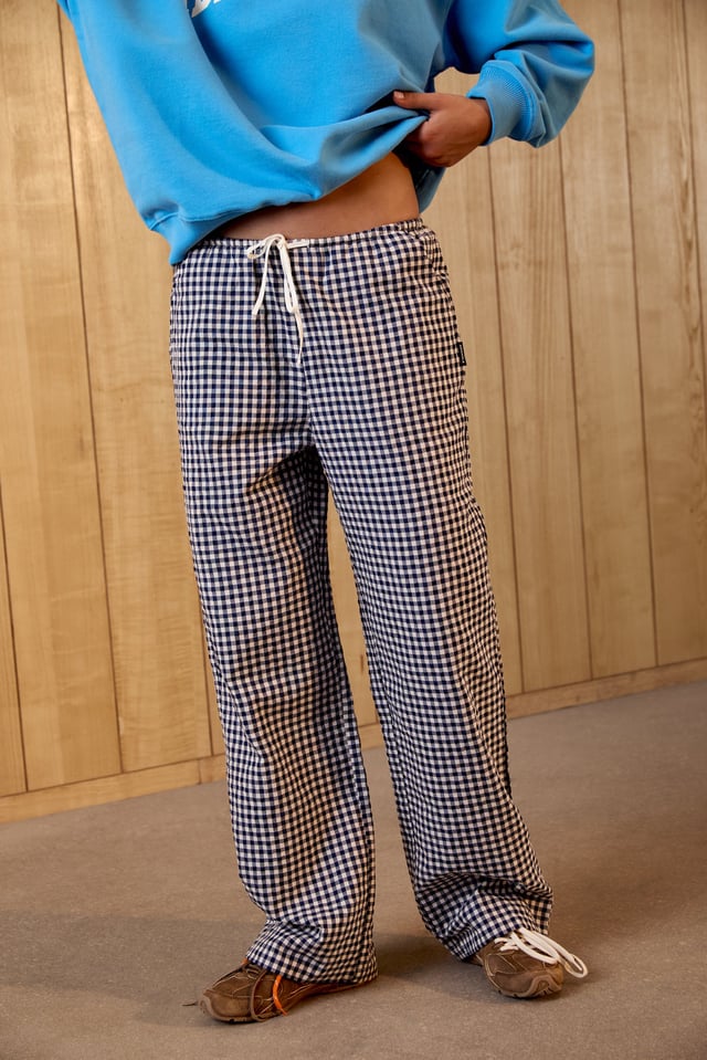 Gingham Drawstring Pants - Navy Blue/White