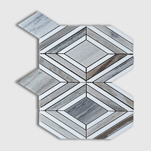 Thassos White, Skyline Polished Stella Marble Mosaic 9 25/64x7 3/4