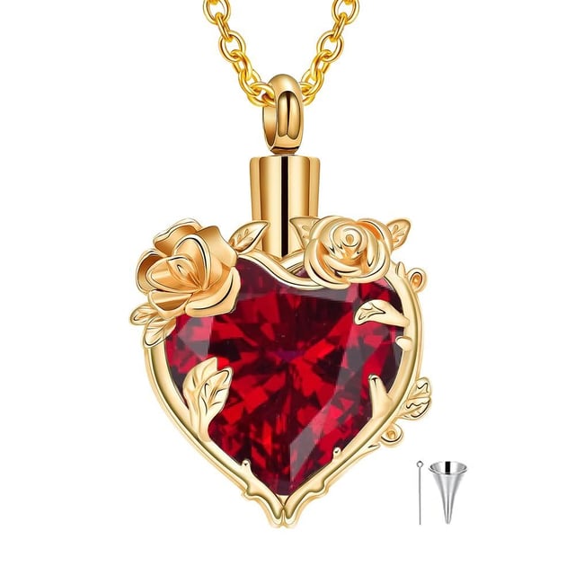 10K Gold Gemstone Personalized Birthstone Flower Cremation Urn Necklace for Ashes