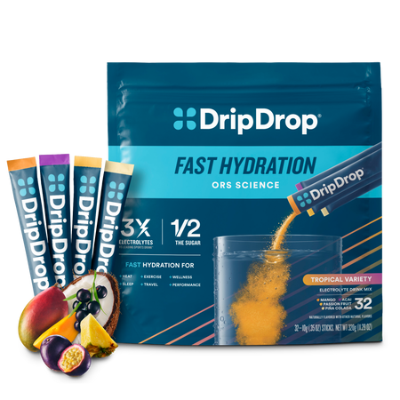 DripDrop Tropical Variety Pack Electrolyte Powder, 8 oz sticks, 32 count