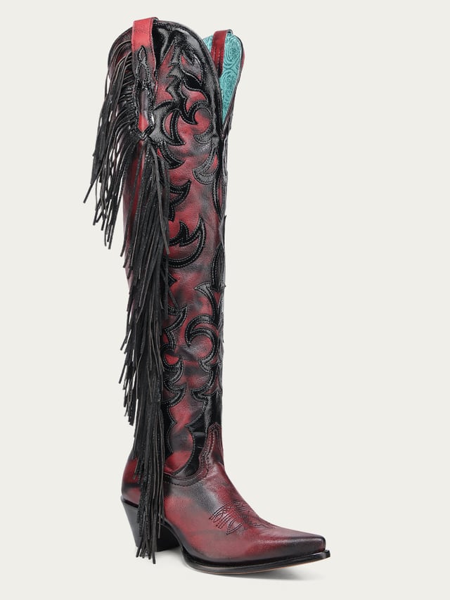 Z5453 - WOMEN'S RED EMBROIDERY AND OVERLAY WITH FRINGE TALL TOP POINTED LAMB COWBOY BOOT