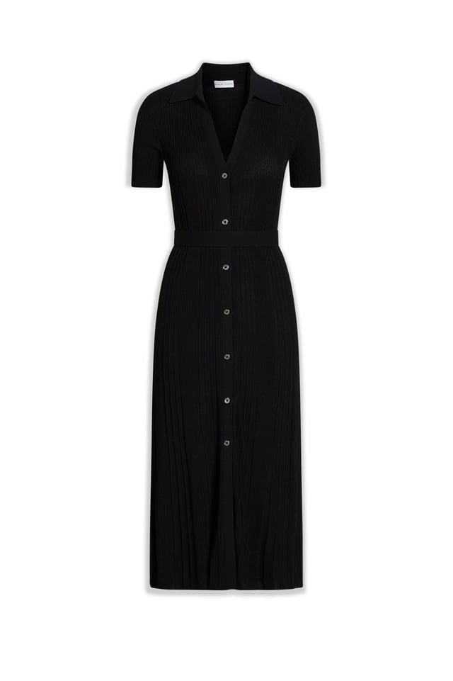 PLEATED RIB PLACKET DRESS - BLACK