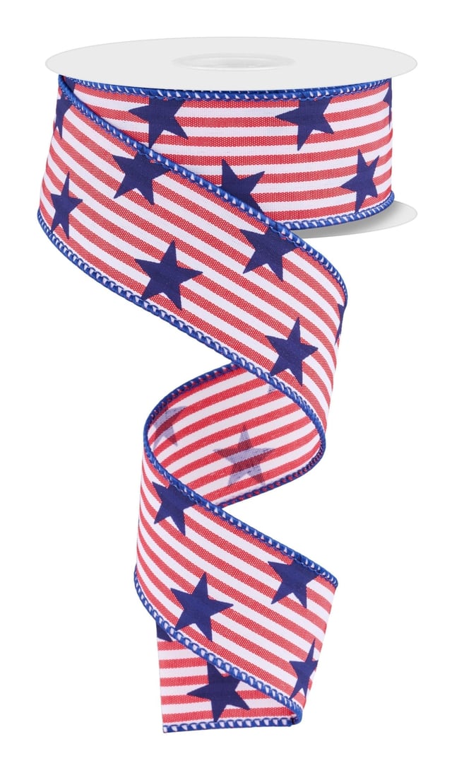 1.5" Stars on Woven Stripe Ribbon - 10yds